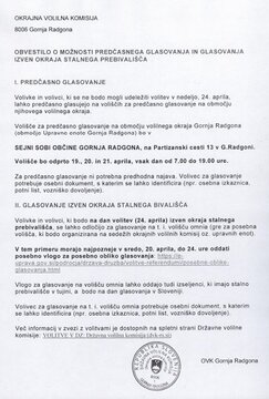 OBVESTILO o možnosti predčasnega glasovanja in glasovanja izven okraja stalnega prebivališča (volitve v državni zbor 2022)
